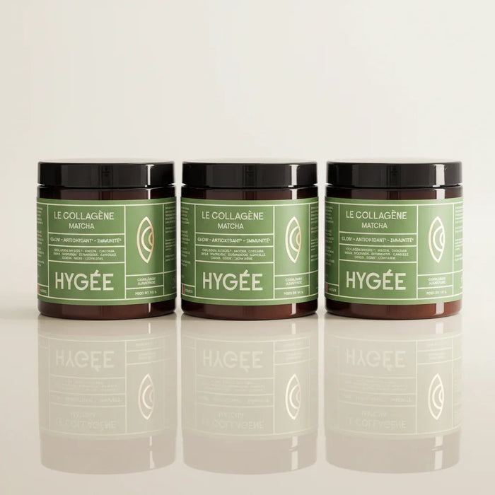 Trois pots de complément alimentaire Le Collagène Matcha pour éclat et immunité.