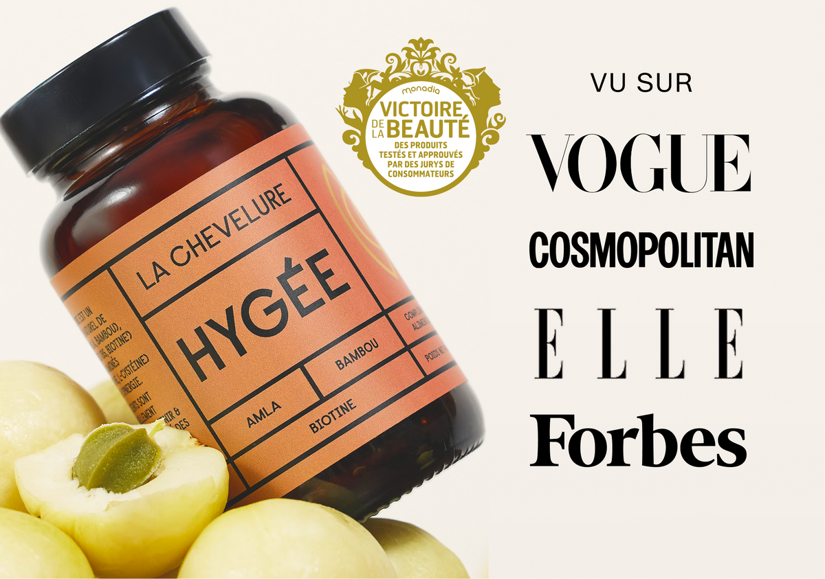 Flacon de complément alimentaire Hygée pour la chevelure avec amla et bambou.